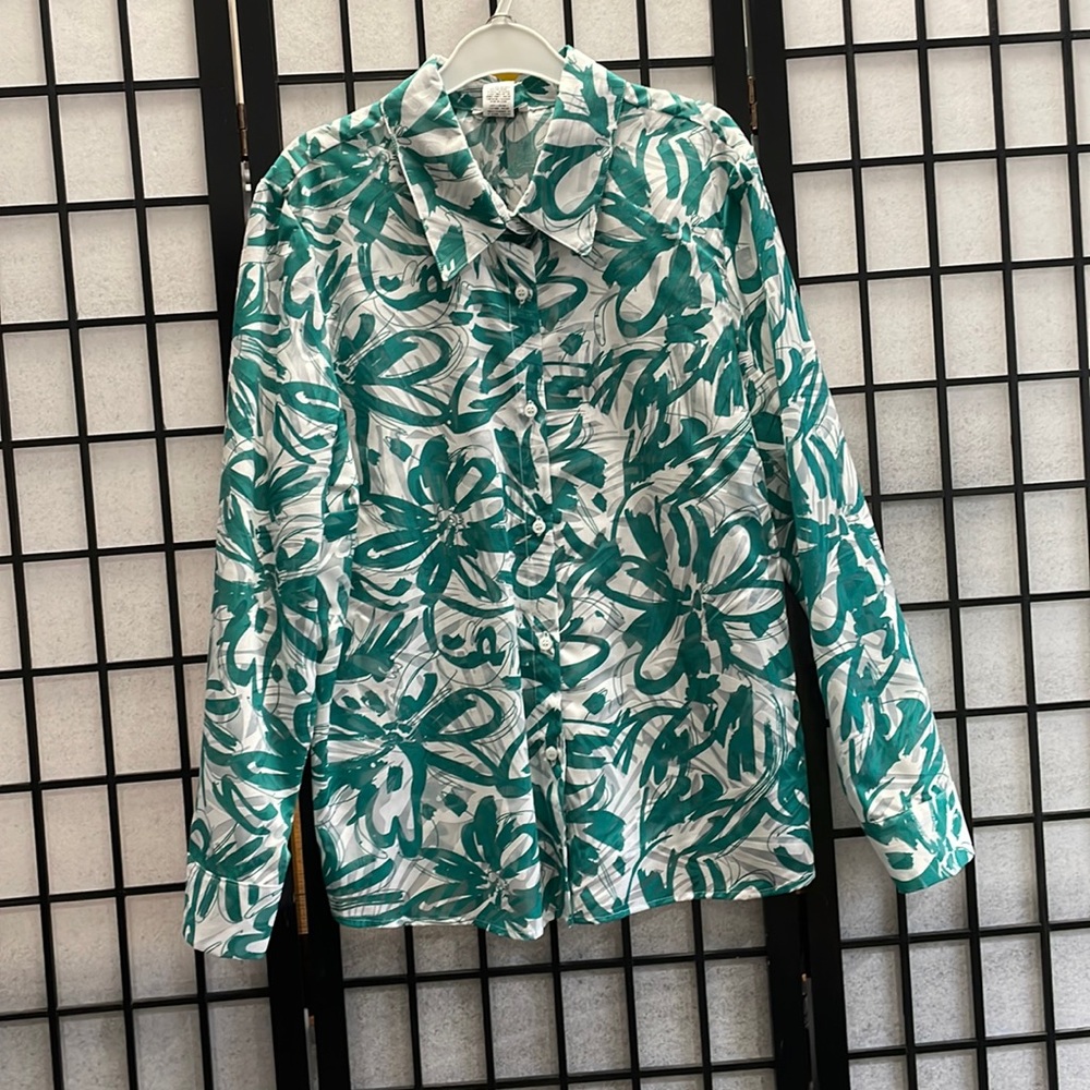 Mr. Max Sheer Blouse, Green & White, Abstract Floral Design, SZ XL  NWOT